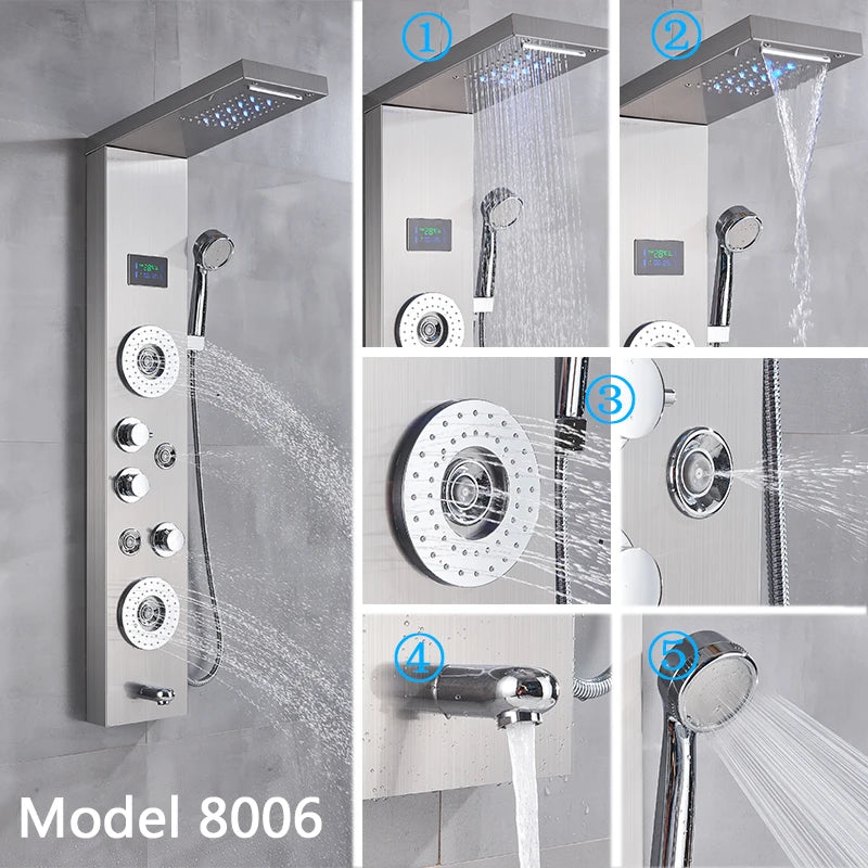 Brushed Nickel Bathroom Shower Column Wall Mounted Black LED Shower Panel