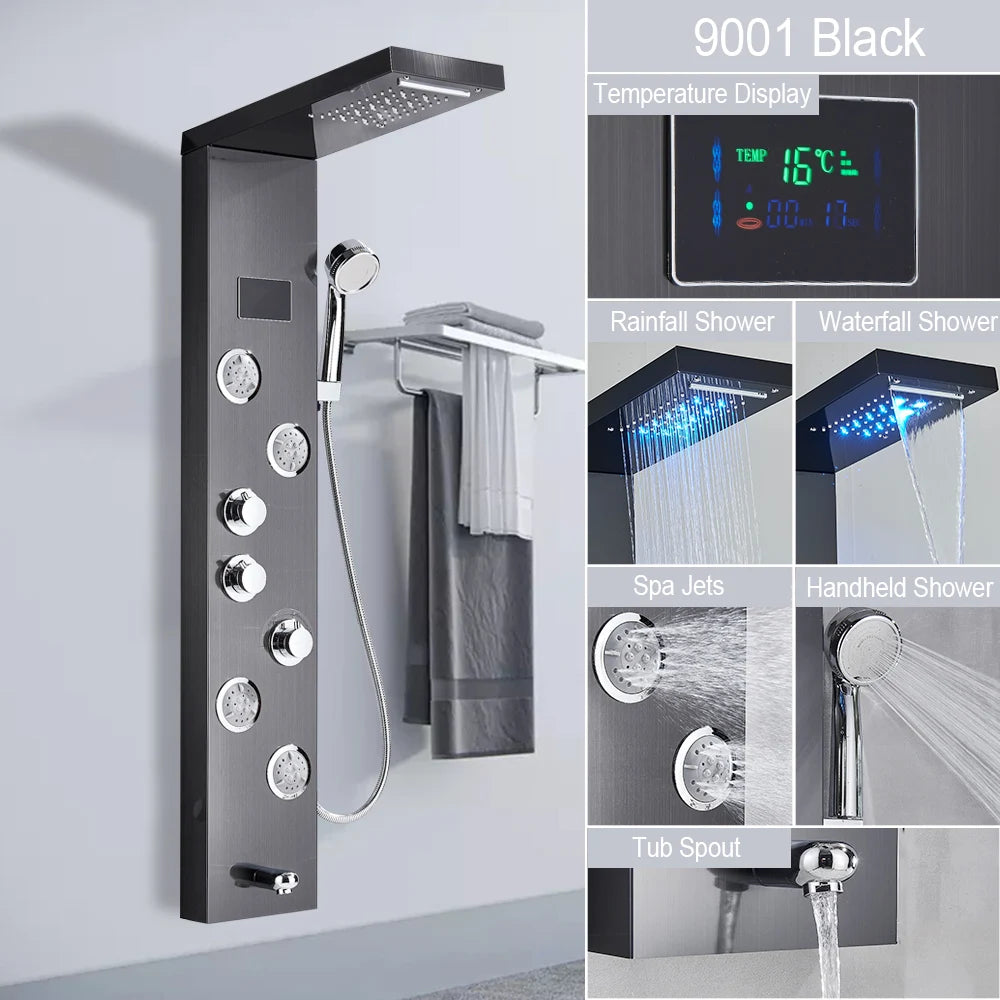 LED Light Shower Panel - Waterfall, Rain Digital Display Shower Faucet Set