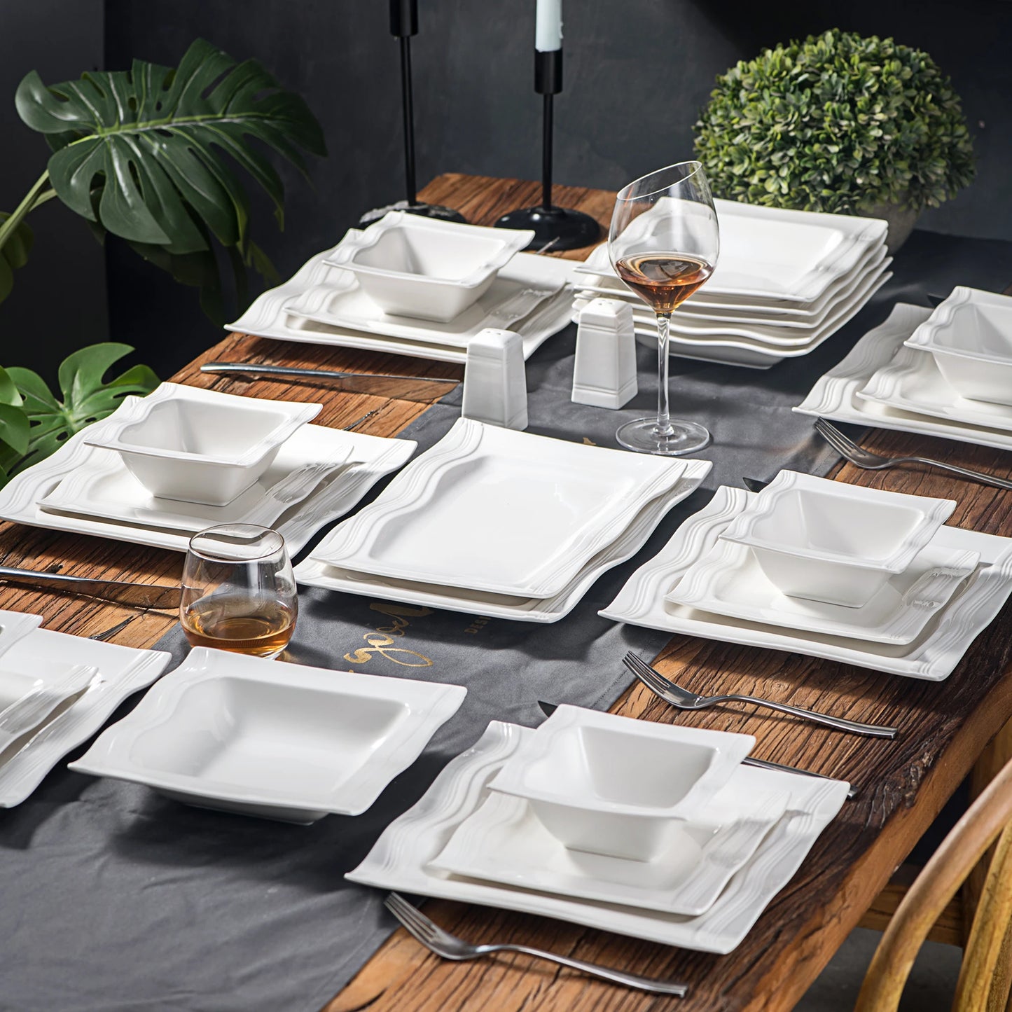 MALACASA Square Dinnerware Sets 28 Piece White Porcelain Dinner Set