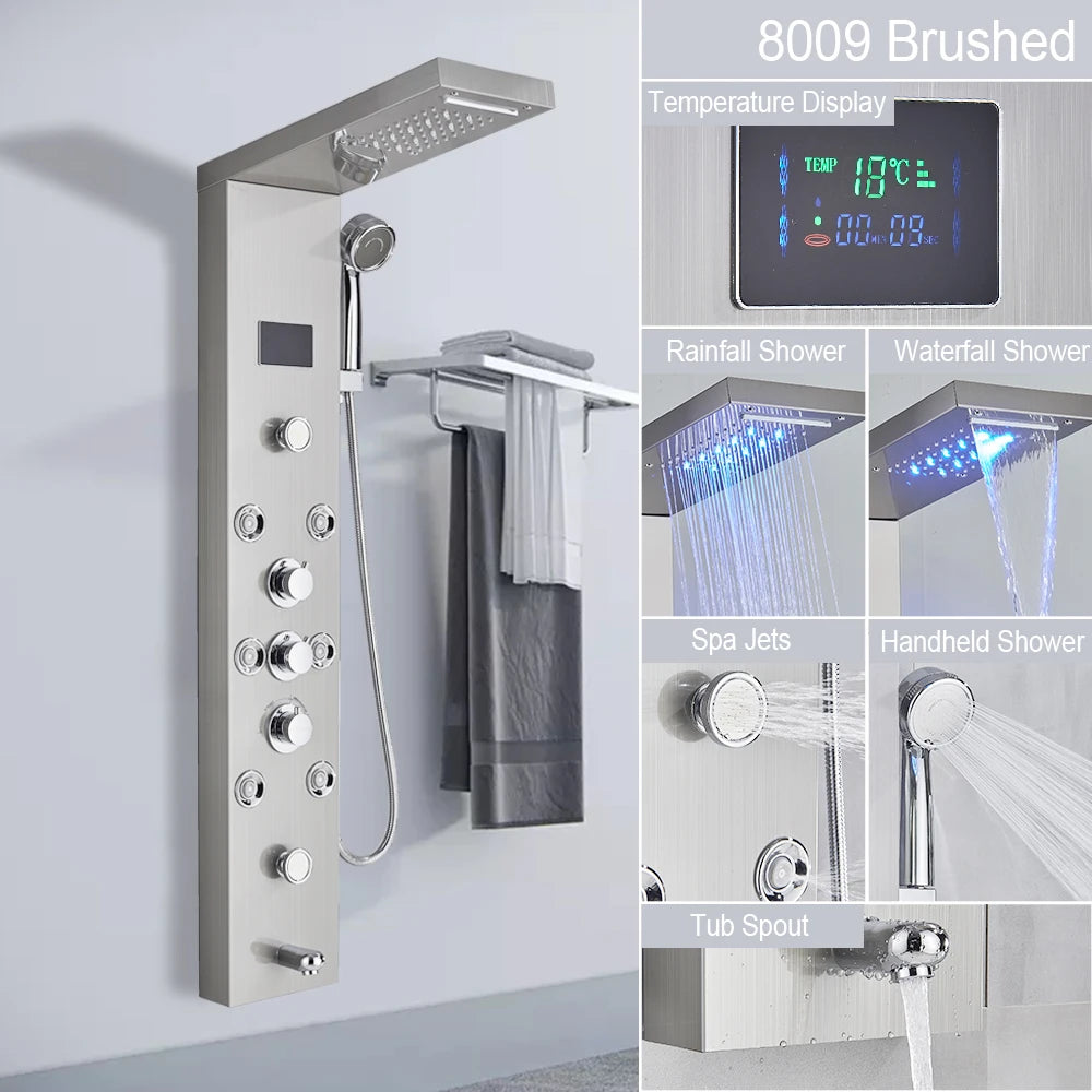 LED Light Shower Panel - Waterfall, Rain Digital Display Shower Faucet Set