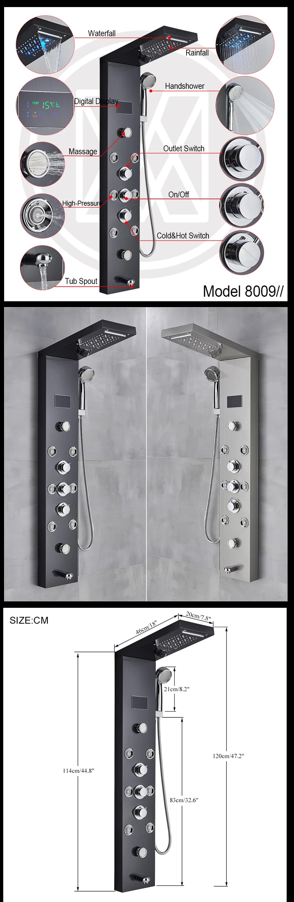LED Light Shower Panel - Waterfall, Rain Digital Display Shower Faucet Set
