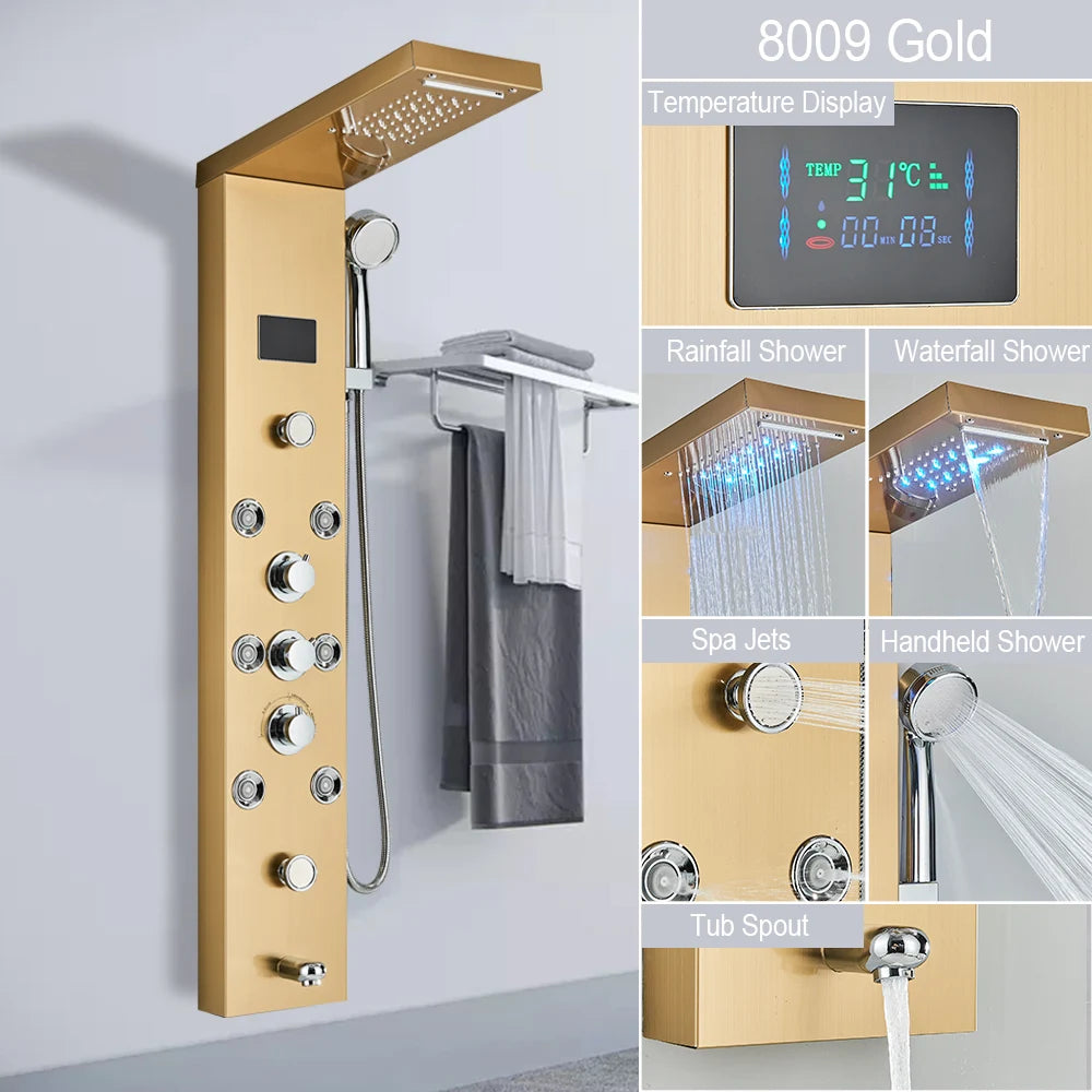 LED Light Shower Panel - Waterfall, Rain Digital Display Shower Faucet Set