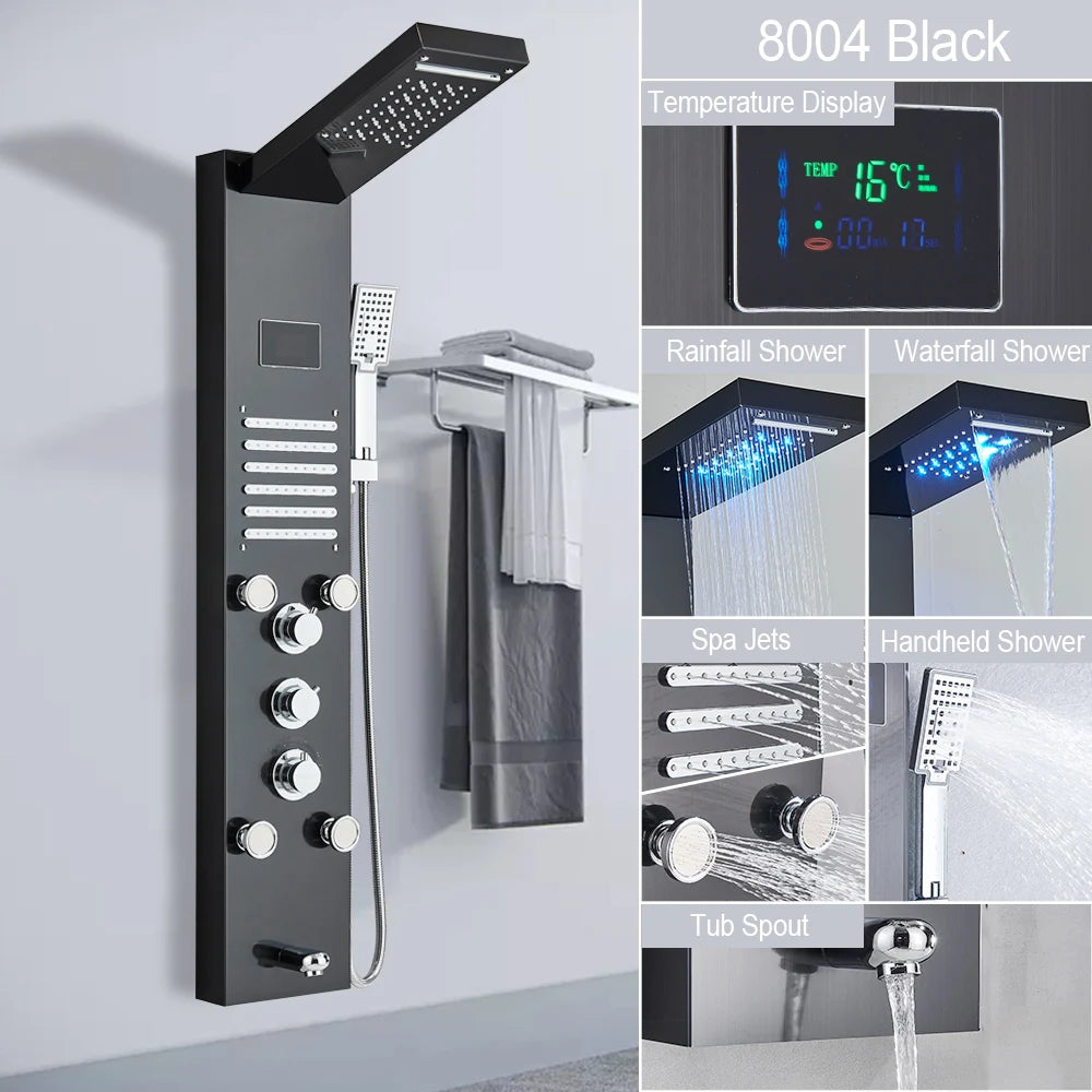 LED Light Shower Panel - Waterfall, Rain Digital Display Shower Faucet Set