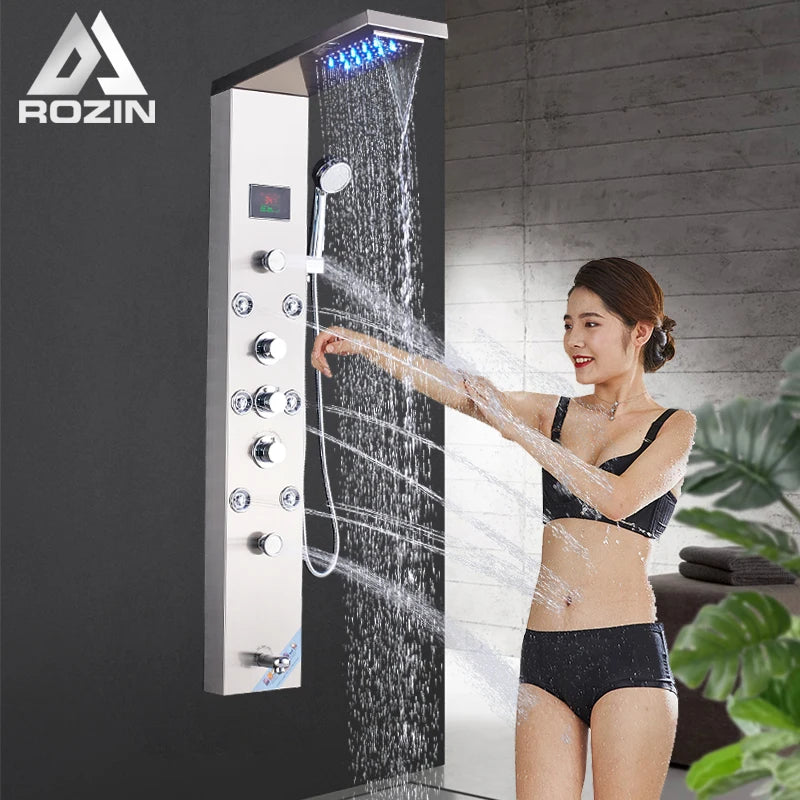 Brushed Nickel Bathroom Shower Column Wall Mounted Black LED Shower Panel