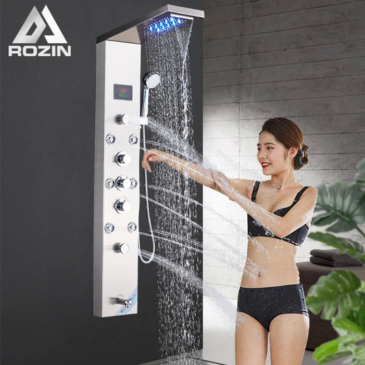 Brushed Nickel Bathroom Shower Column Wall Mounted Black LED Shower Panel