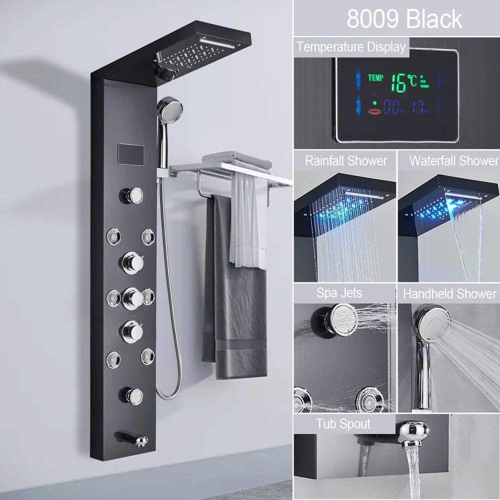 LED Light Shower Panel - Waterfall, Rain Digital Display Shower Faucet Set