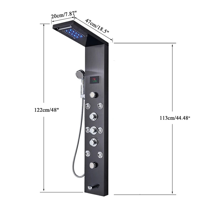 Brushed Nickel Bathroom Shower Column Wall Mounted Black LED Shower Panel