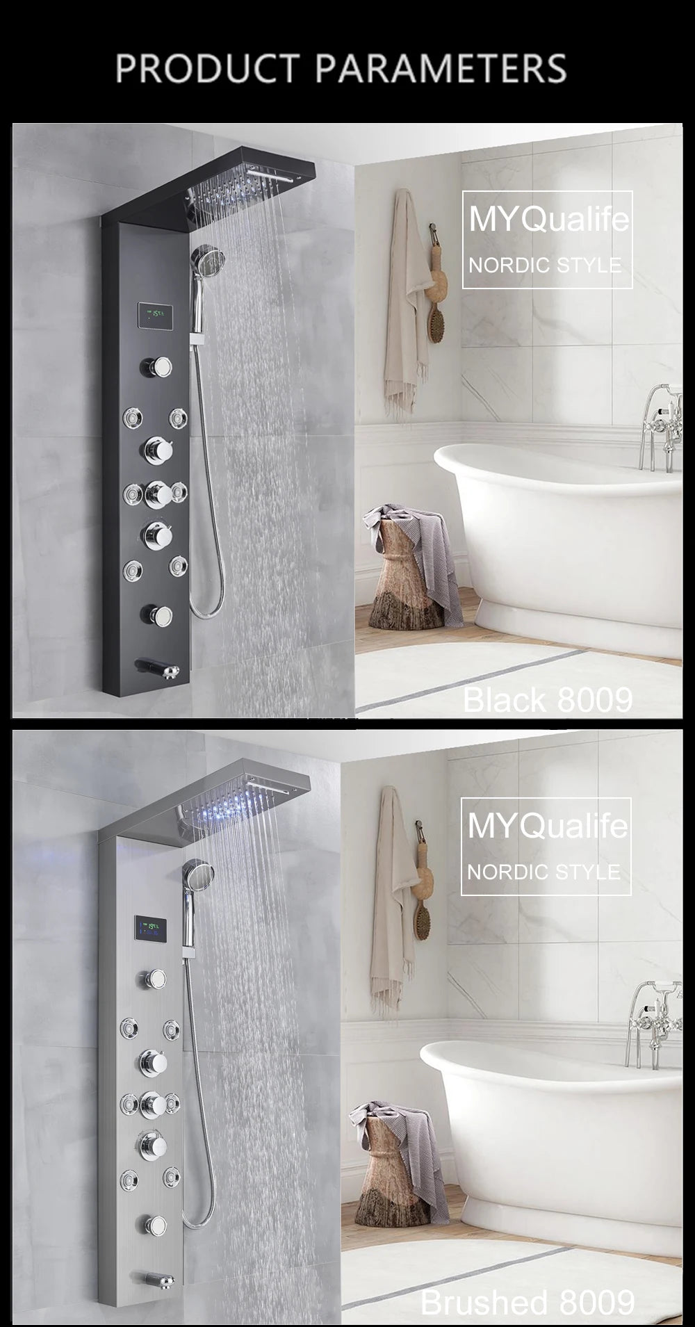 LED Light Shower Panel - Waterfall, Rain Digital Display Shower Faucet Set