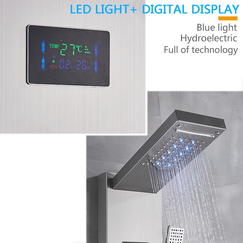 Brushed Nickel Bathroom Shower Column Wall Mounted Black LED Shower Panel