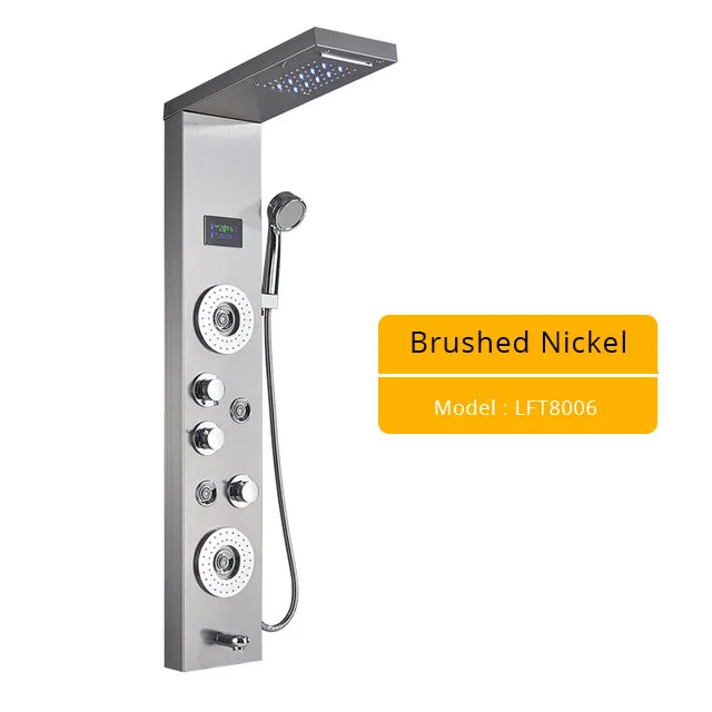 Brushed Nickel Bathroom Shower Column Wall Mounted Black LED Shower Panel