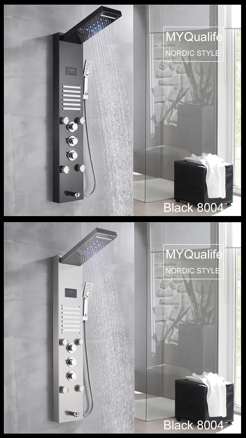 LED Light Shower Panel - Waterfall, Rain Digital Display Shower Faucet Set