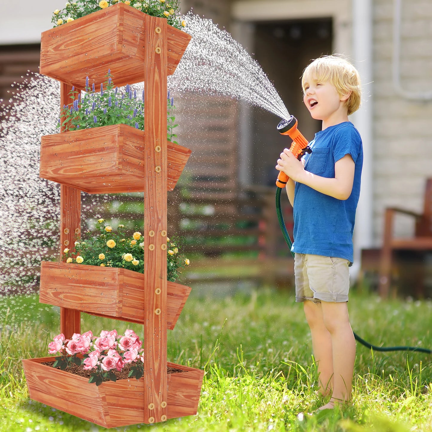4-Tier Raised Garden Bed, Wooden elevated Planters Stand
