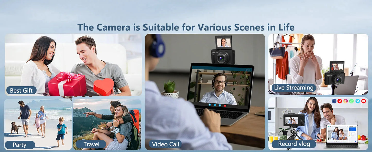 4K compact digital photography camera, 18x digital zoom,180° flip screen, WiFi webcam