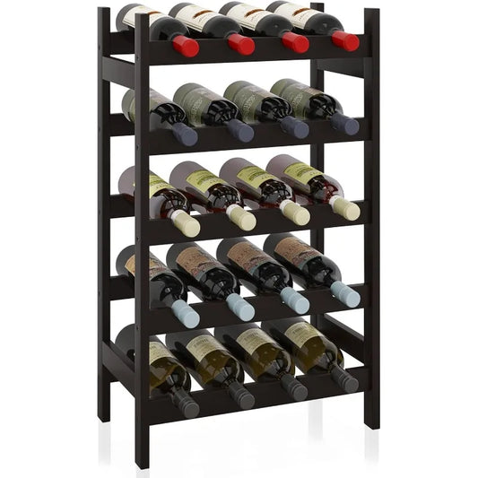 Bamboo Wine Rack, 20 Bottles Display Holder, 5-Tier Free Standing Storage Shelves for Kitchen, Pantry, Cellar