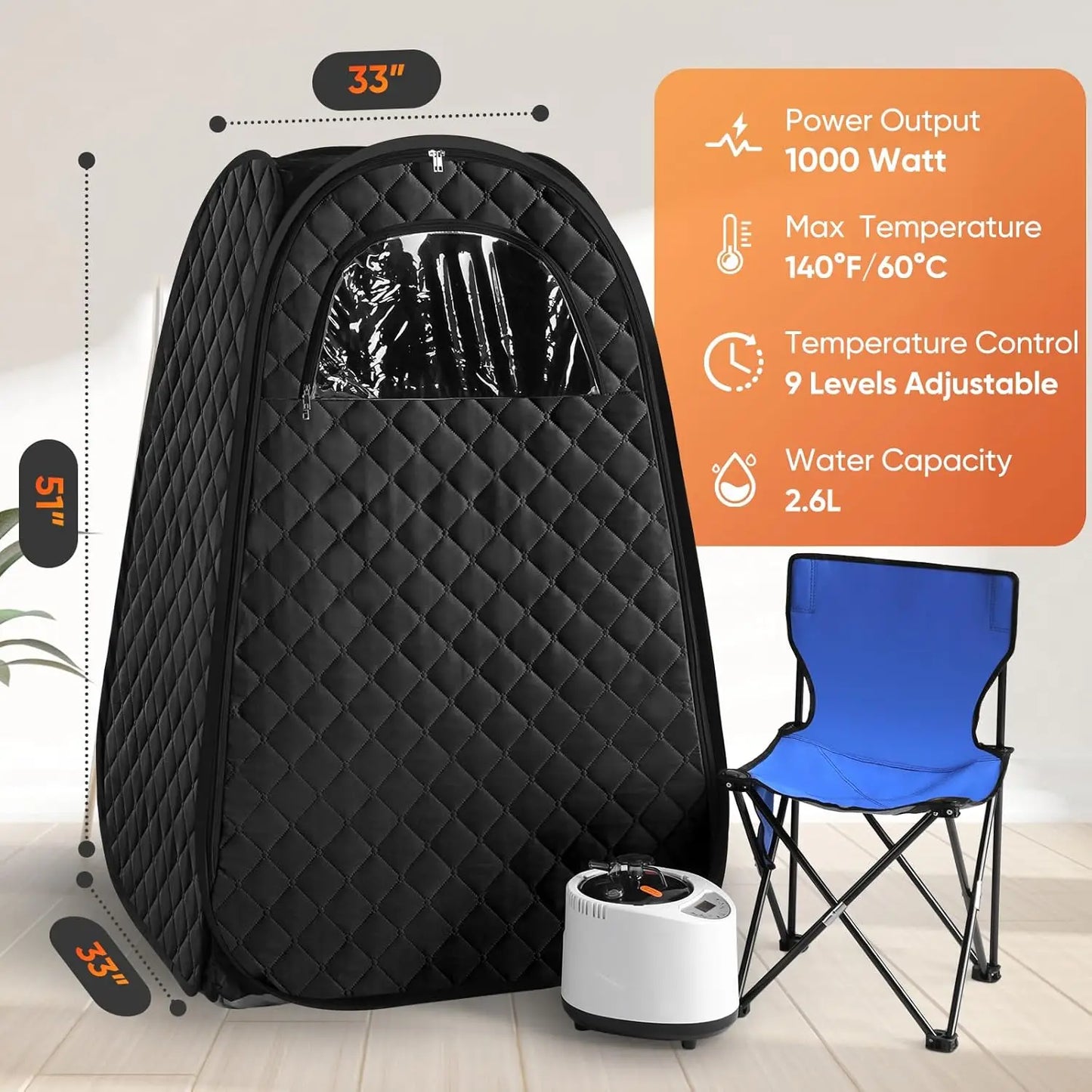 Single Person Sauna,-- Sauna Tent, Steamer 2.6L 1000W Steam Generator, 90 Minute Timer