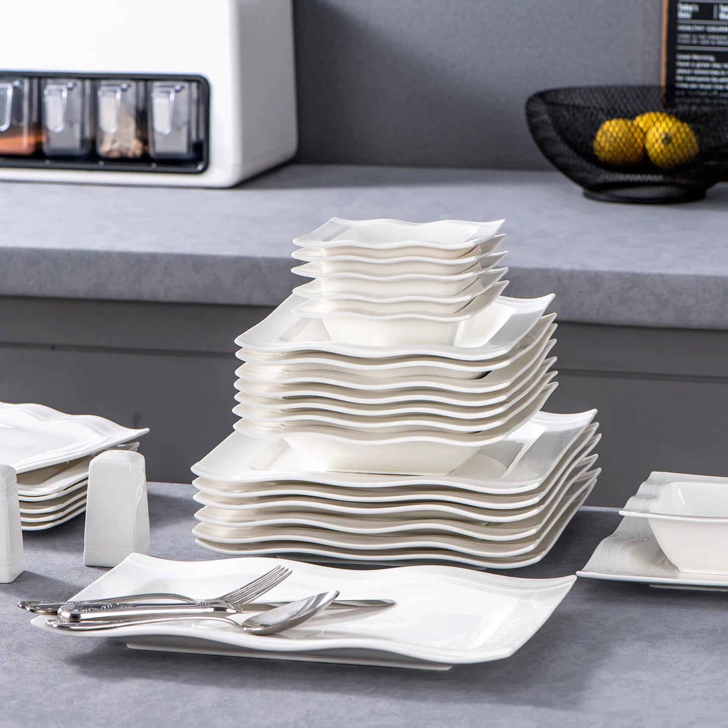 MALACASA Square Dinnerware Sets 28 Piece White Porcelain Dinner Set