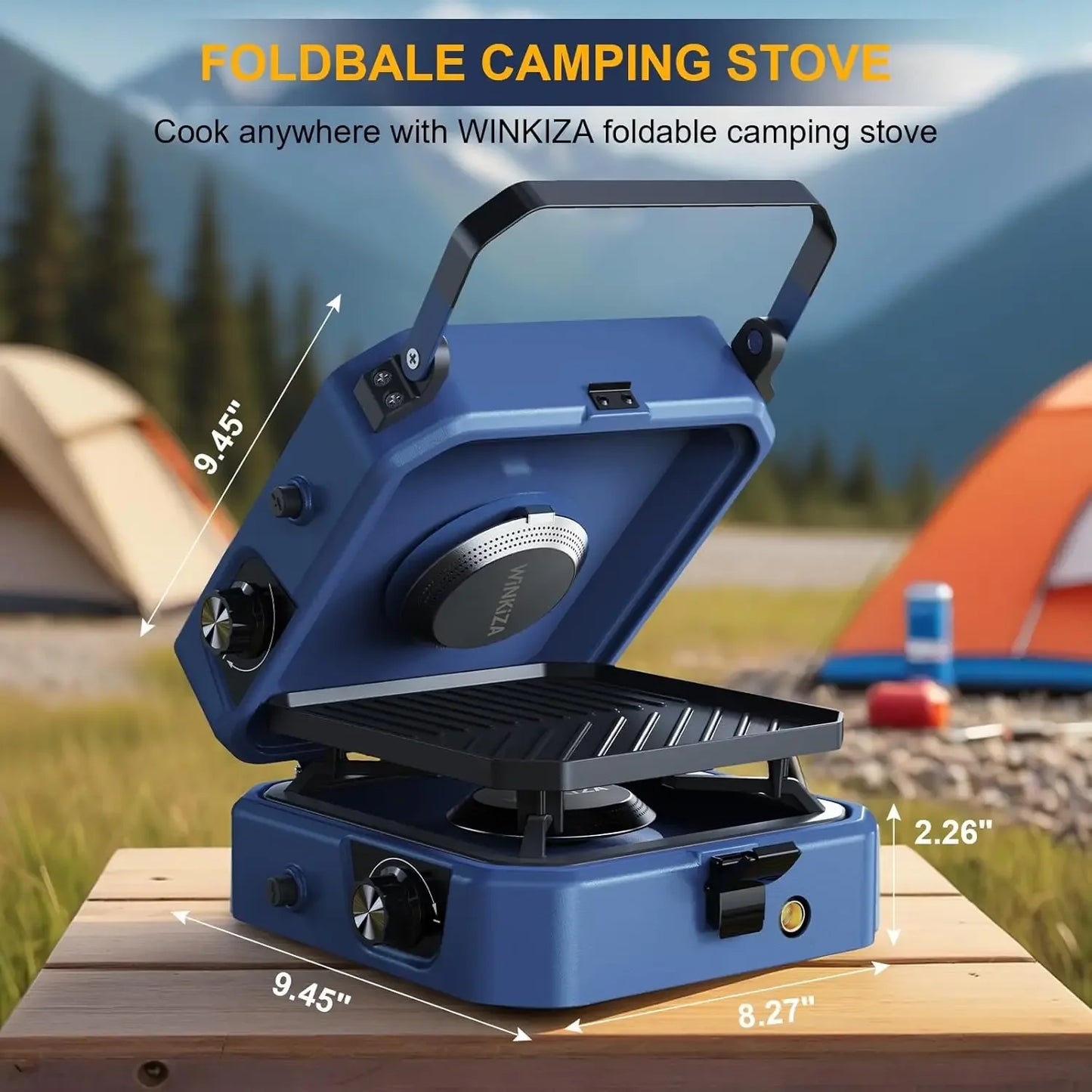 Camping Stove with Grill, Foldable Camp Stove with 16,000 BTU, Two Burners with Pie