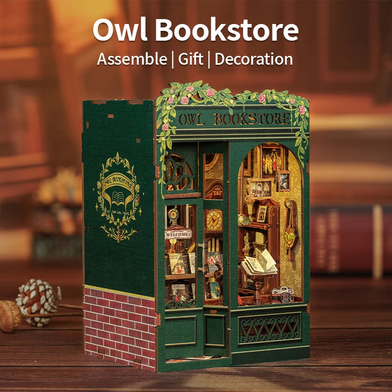 Nook Kit Miniature Wooden Dollhouse with Lights Bookshelf Insert 3D Puzzle Decor