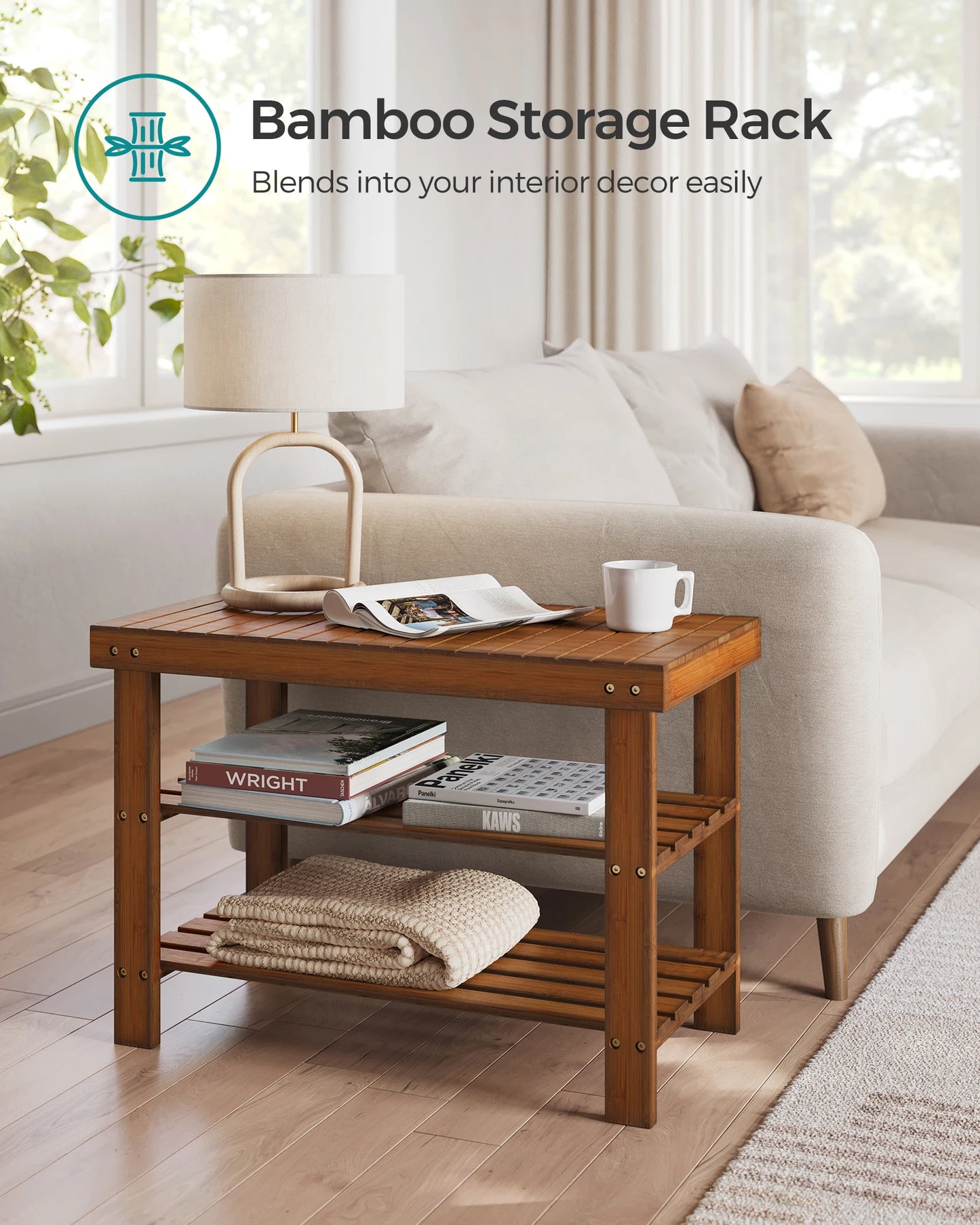 SONGMICS Shoe Rack Bench, 3-Tier Bamboo Storage Organizer