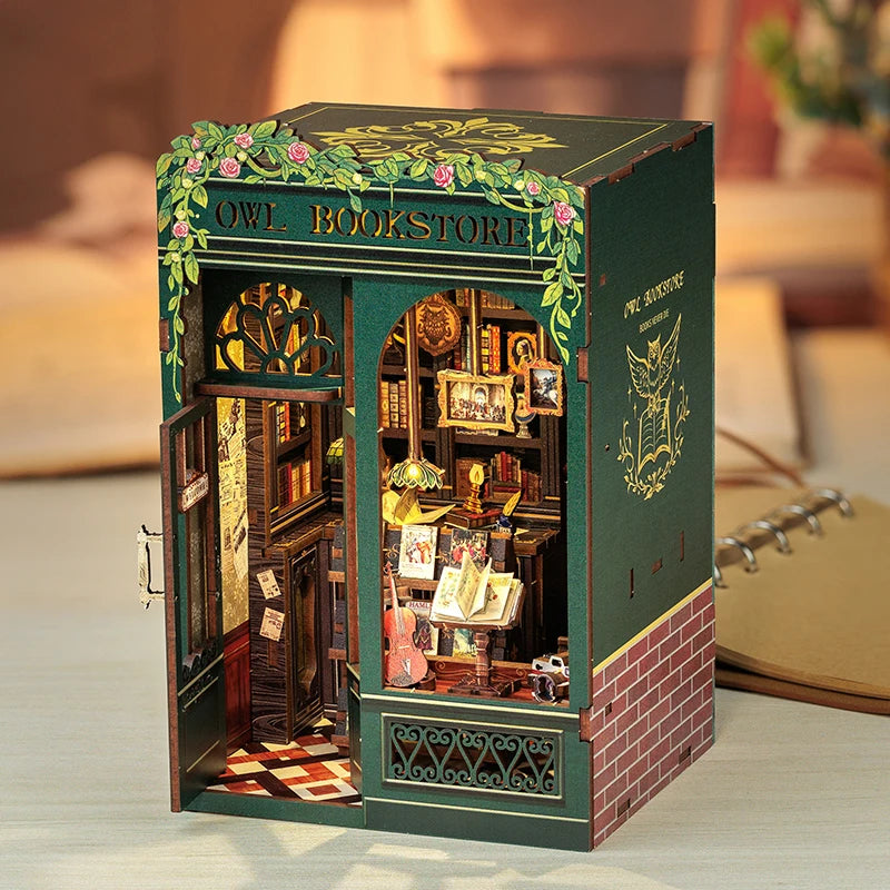 Nook Kit Miniature Wooden Dollhouse with Lights Bookshelf Insert 3D Puzzle Decor