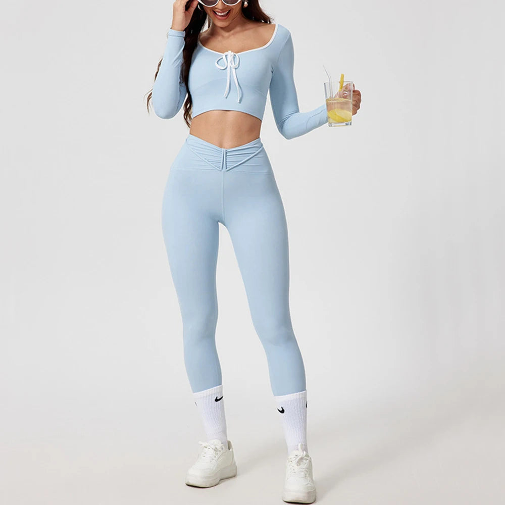 1/2Pcs Pad Crop Top Long Sleeve Gym Women Workout Set