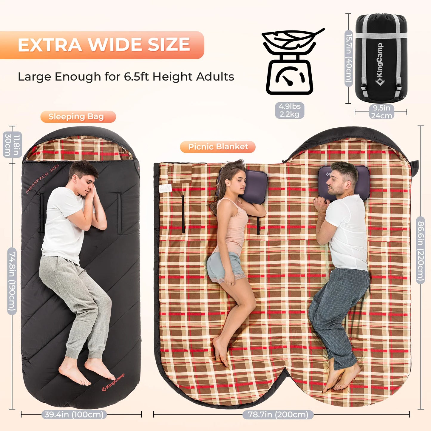 KingCamp Flannel Sleeping Bag for Camping, Stretchable Polyester-cotton