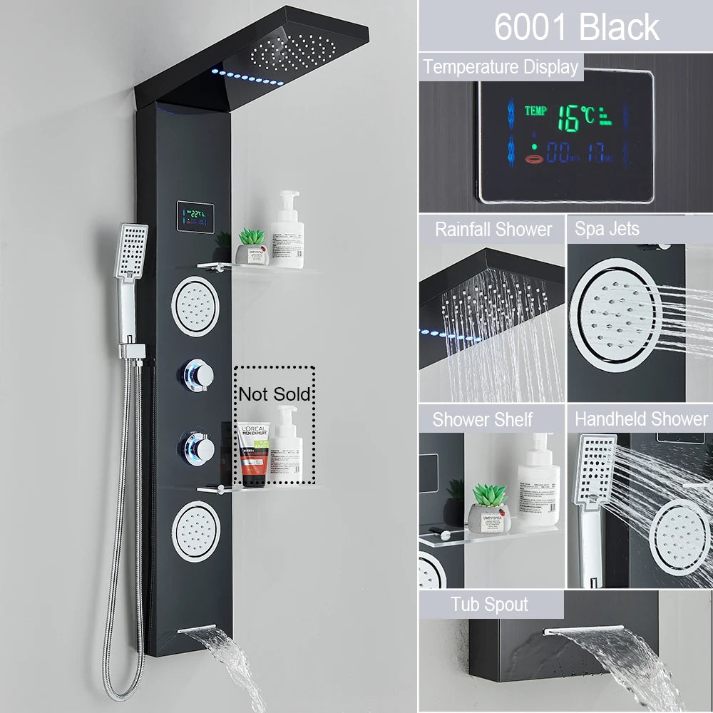 LED Light Shower Panel - Waterfall, Rain Digital Display Shower Faucet Set