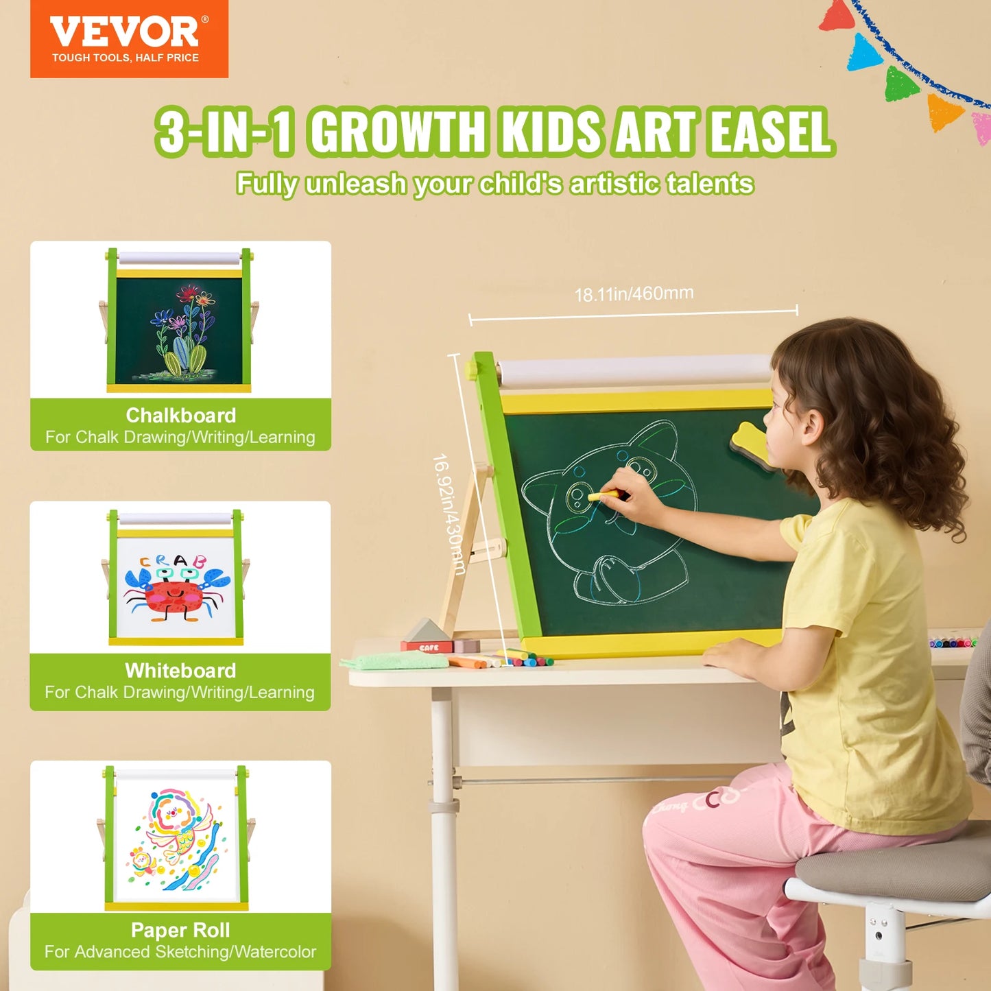 Children Magnetic Drawing Board 3-in-1 Double-Sided Wooden Kids Art Easel