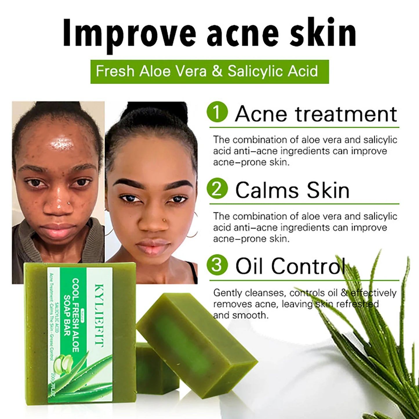 Cool Fresh Aloe Soap Bar, Reduce Acne and Black Spots, Clean Skin, Oil Control, Exfoliation, For Face And Body Use