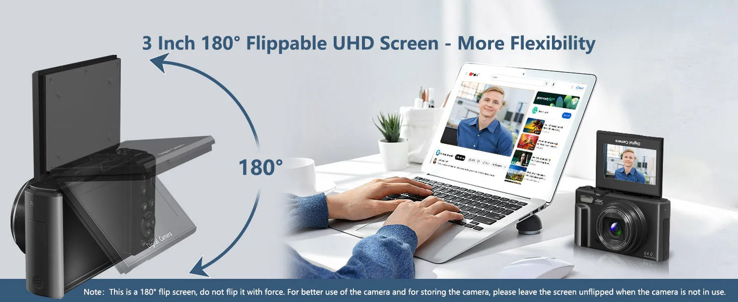 4K compact digital photography camera, 18x digital zoom,180° flip screen, WiFi webcam