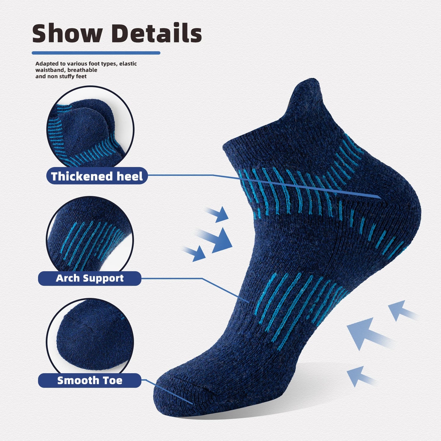 6 Pairs Merino Wool Ankle  Compression Socks