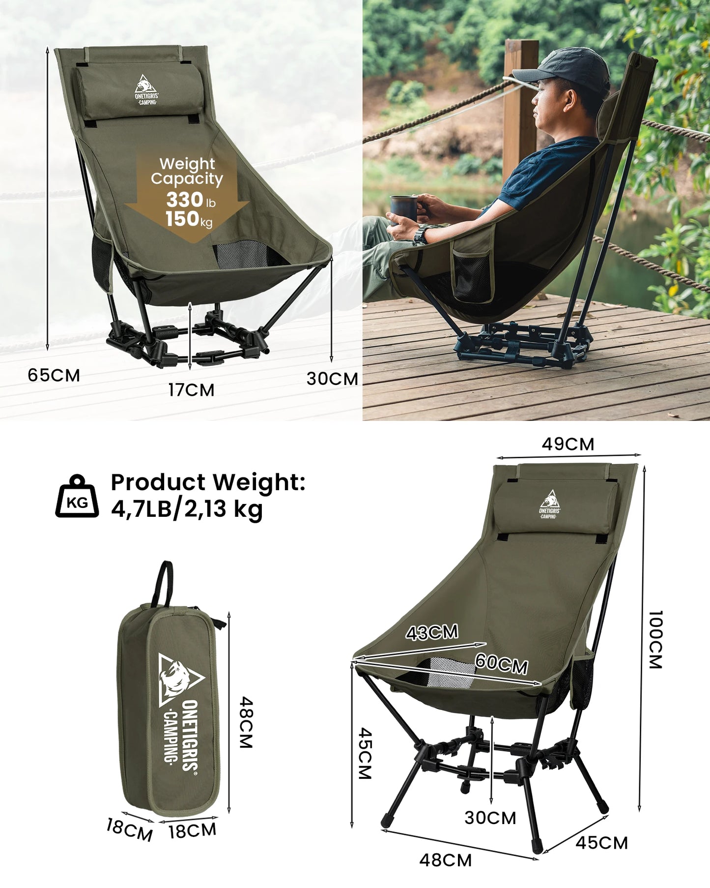 OneTigris Portable Camping Chairs Outdoor High Back Chair