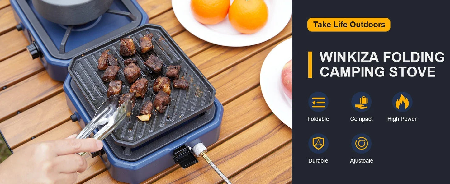 Camping Stove with Grill, Foldable Camp Stove with 16,000 BTU, Two Burners with Pie