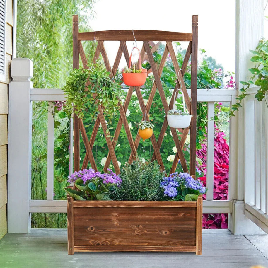 Wooden Raised Plant Vegetable Bed Garden Elevated Planter Box with Trellis for Growing Fresh Herbs Flowers