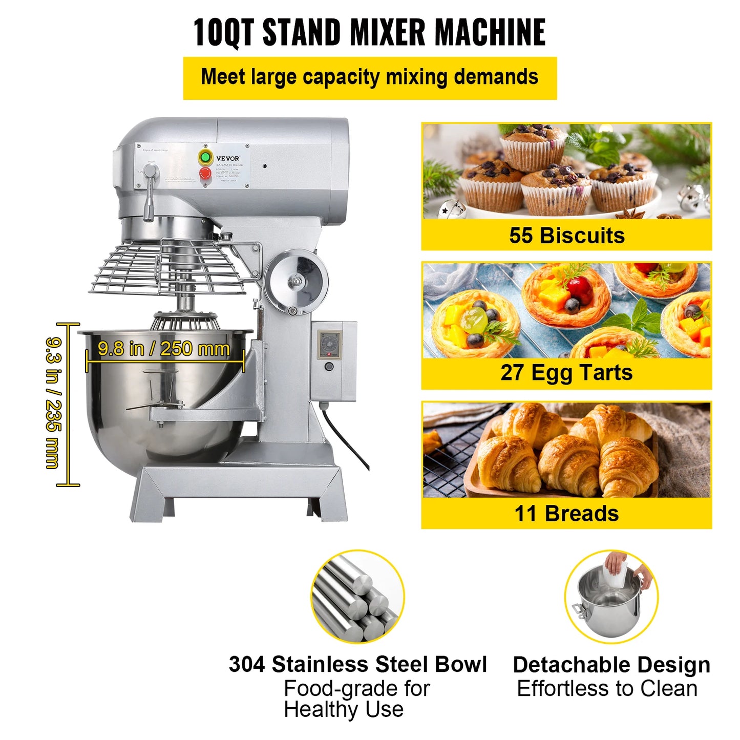 VEVOR Commercial Food Mixer 10Qt 450W Heavy Duty Stainless Steel