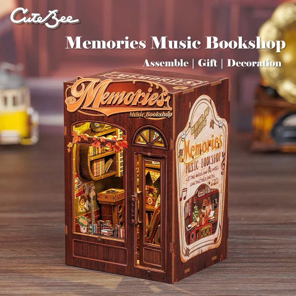 Nook Kit Miniature Wooden Dollhouse with Lights Bookshelf Insert 3D Puzzle Decor