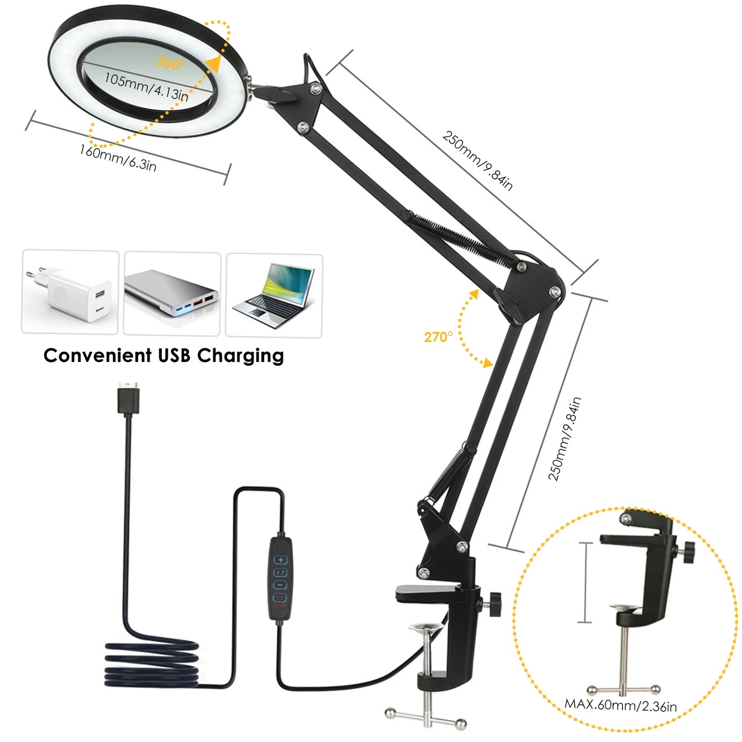 Clamp-on Table Lamp with 8x Magnifier
