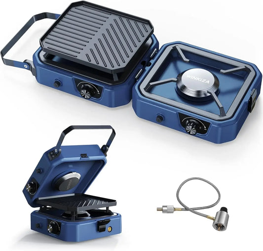 Camping Stove with Grill, Foldable Camp Stove with 16,000 BTU, Two Burners with Pie