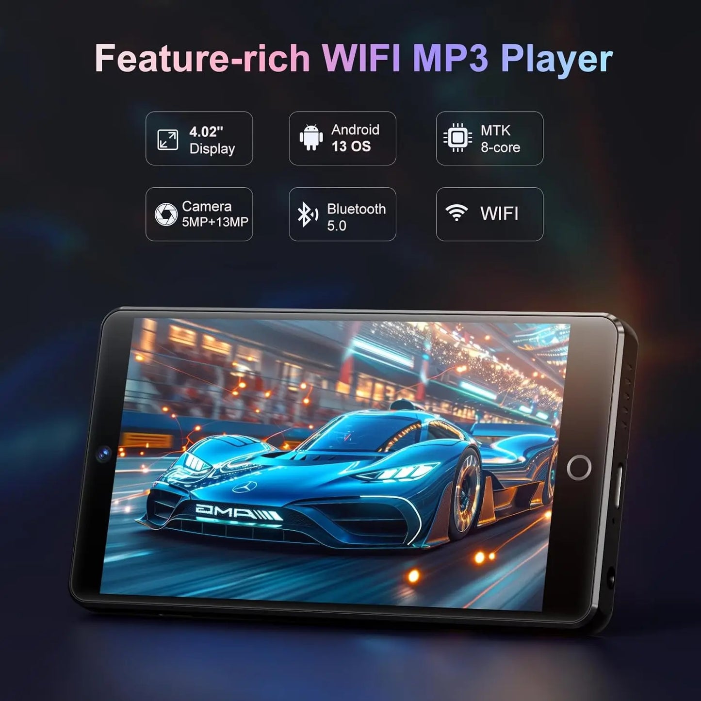 80GB MP3 player with Bluetooth 5.0 and WiFi, Spotify, Android 13 OS, camera and speakers