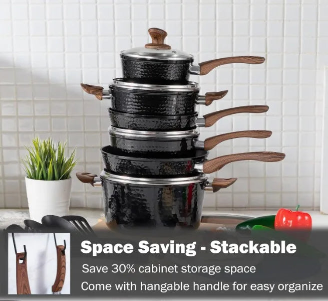 Pots and Pans Set Non Stick - 15 Pcs Black Cookware Set