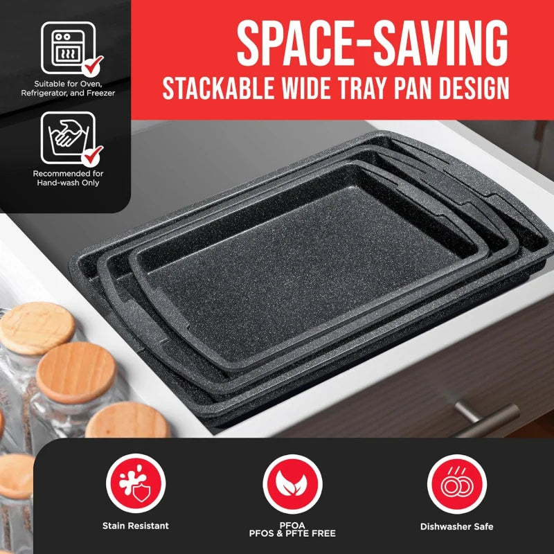 Gray Marble 3 Piece Set Cookie Sheet  - Non-Stick, Stackable Baking Pans