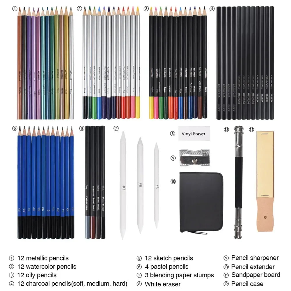72Pcs Drawing Sketching Kit Set, Pro Art Supplies with Watercolor, Graphite, Colored, Metallic, Charcoal Pencil, Drawing Set