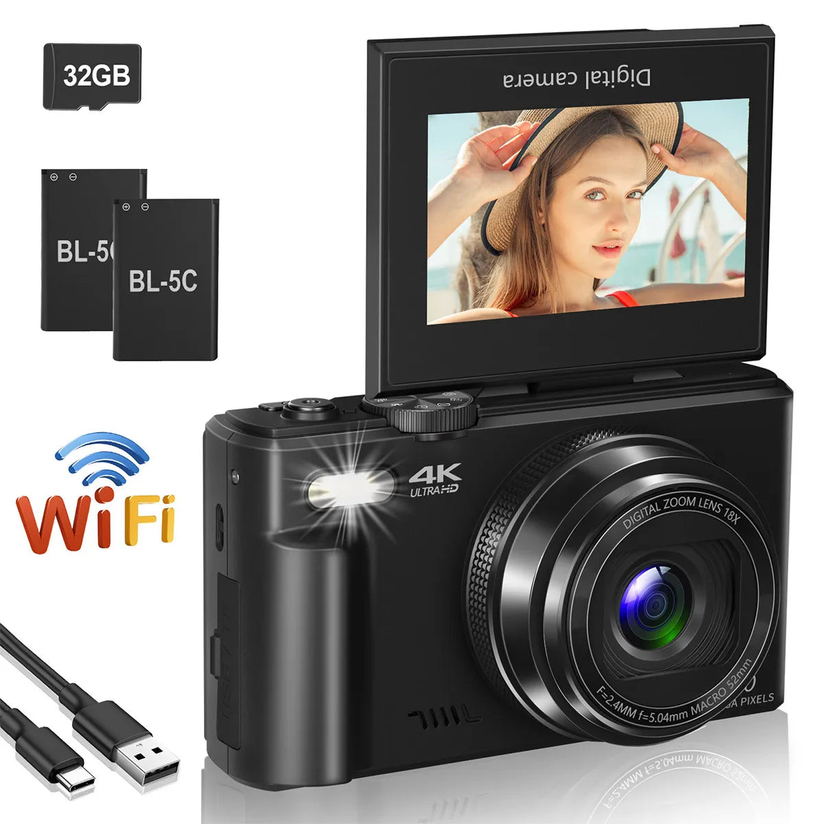 4K compact digital photography camera, 18x digital zoom,180° flip screen, WiFi webcam