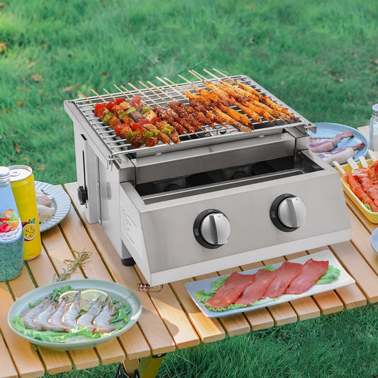 Camping BBQ Tabletop 2 Burner Gas Grill Outdoor Steel Shield