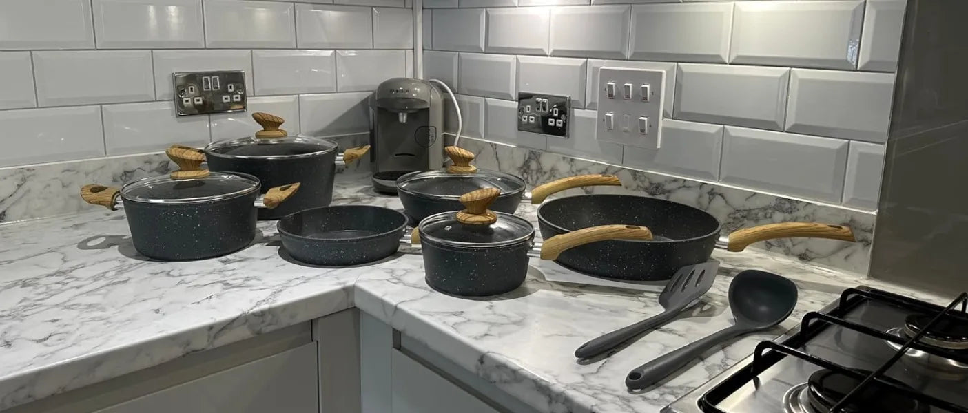 Pots and Pans Set Non Stick - 15 Pcs Black Cookware Set