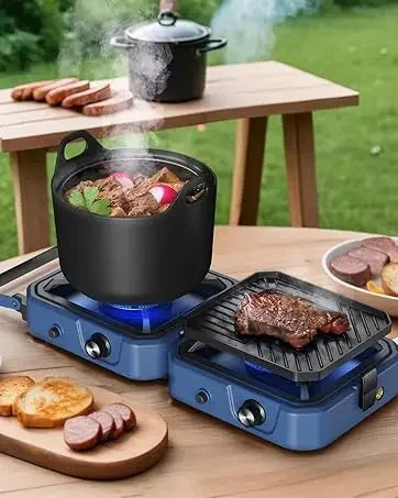 Camping Stove with Grill, Foldable Camp Stove with 16,000 BTU, Two Burners with Pie