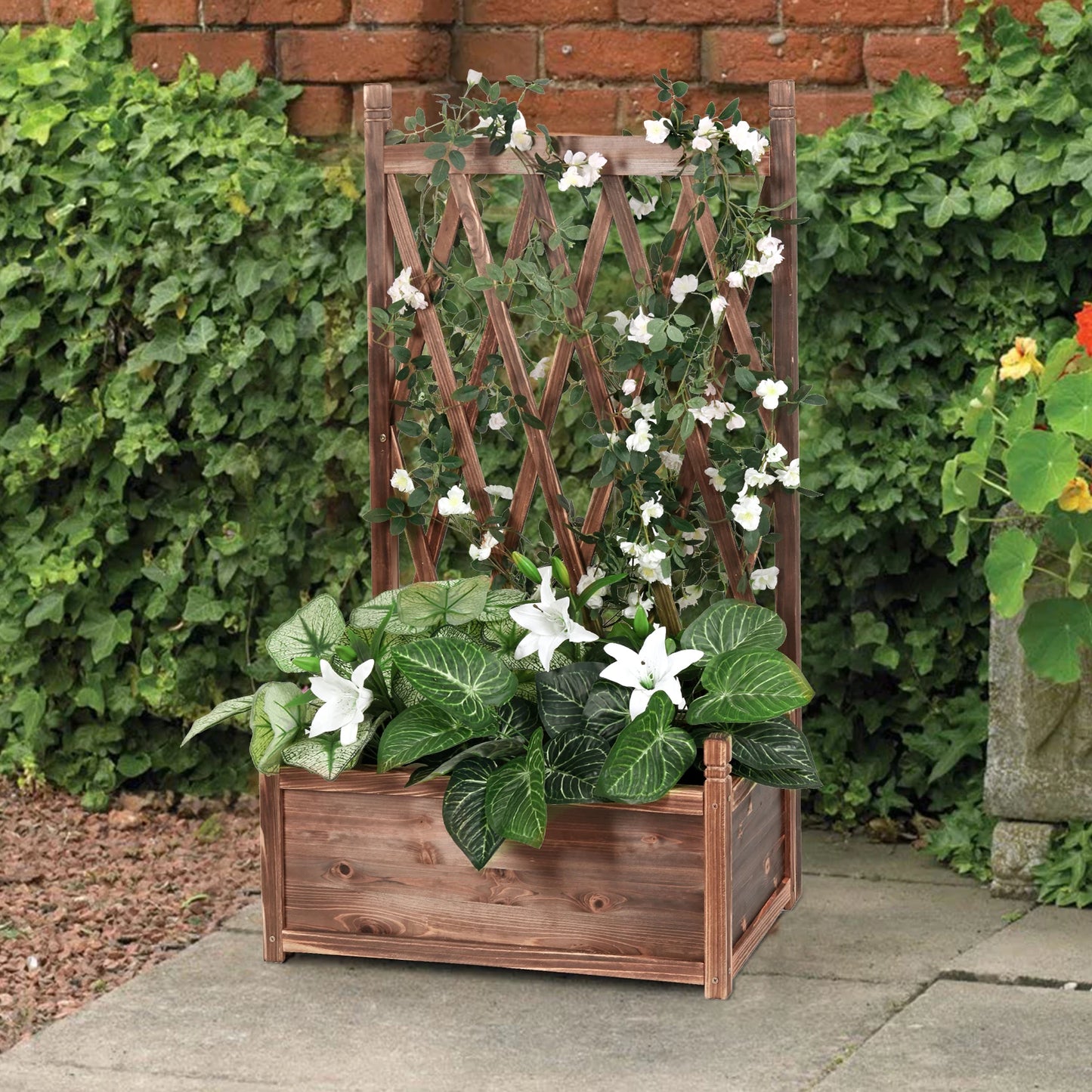 Wooden Raised Plant Vegetable Bed Garden Elevated Planter Box with Trellis for Growing Fresh Herbs Flowers