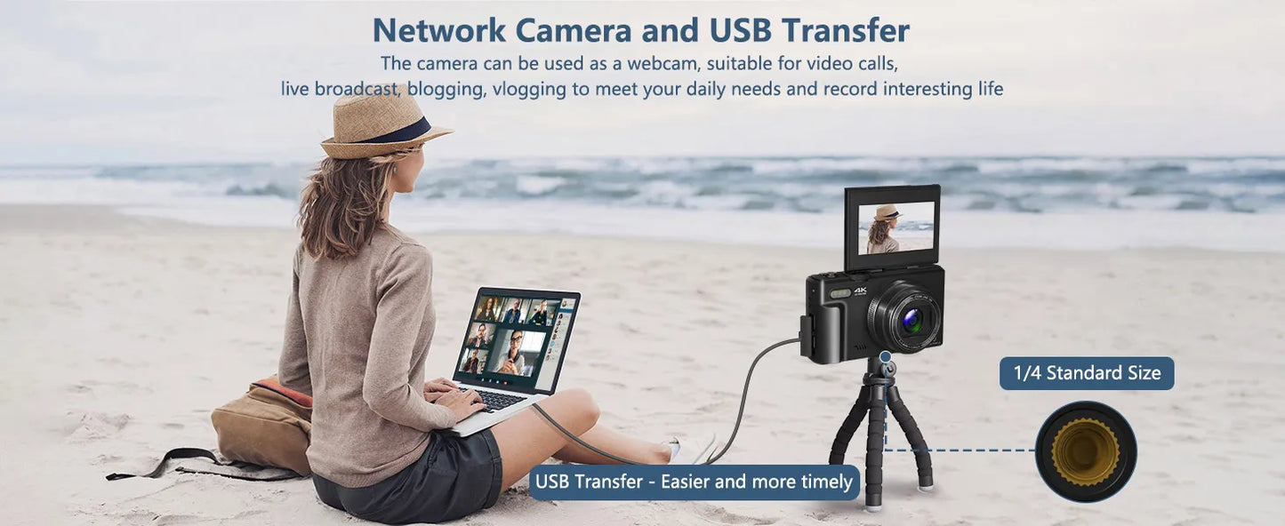4K compact digital photography camera, 18x digital zoom,180° flip screen, WiFi webcam
