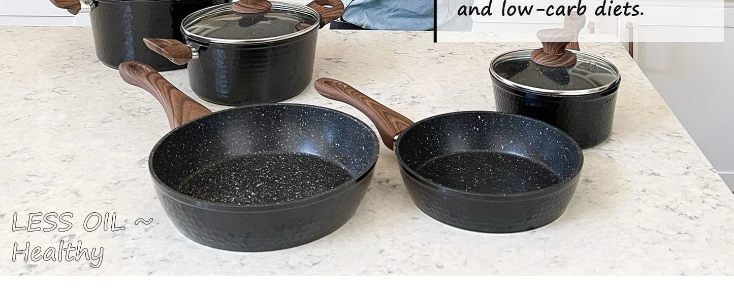 Pots and Pans Set Non Stick - 15 Pcs Black Cookware Set