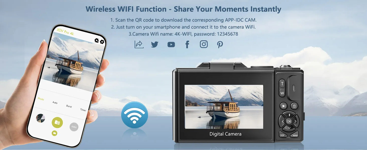 4K compact digital photography camera, 18x digital zoom,180° flip screen, WiFi webcam